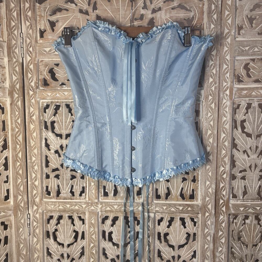 SZIVYSHI Sky Blue Overbust Corset Top Lace-Up Bustier Waist Cincher Small